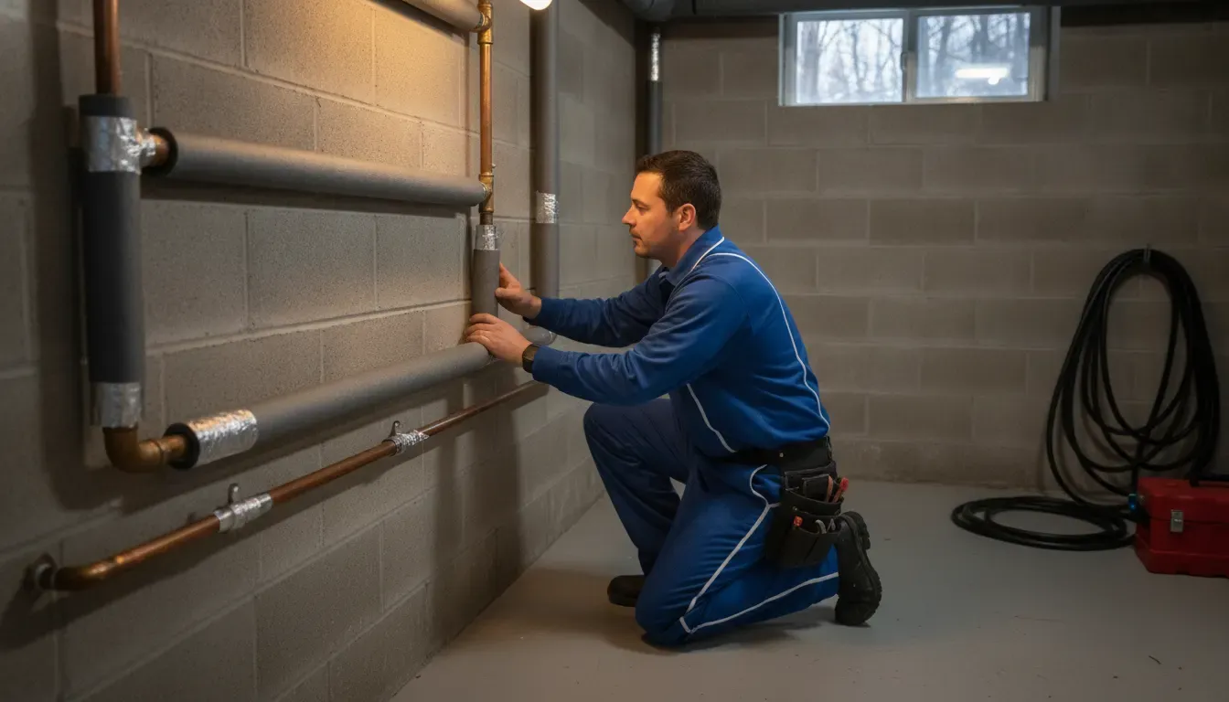 Mr. Pipey plumber inspecting insulated water pipes in an Ann Arbor basement