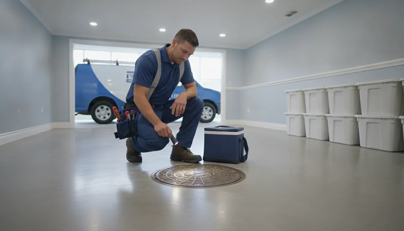 Plumber inspecting a residential sewer drain in a Detroit-area basement