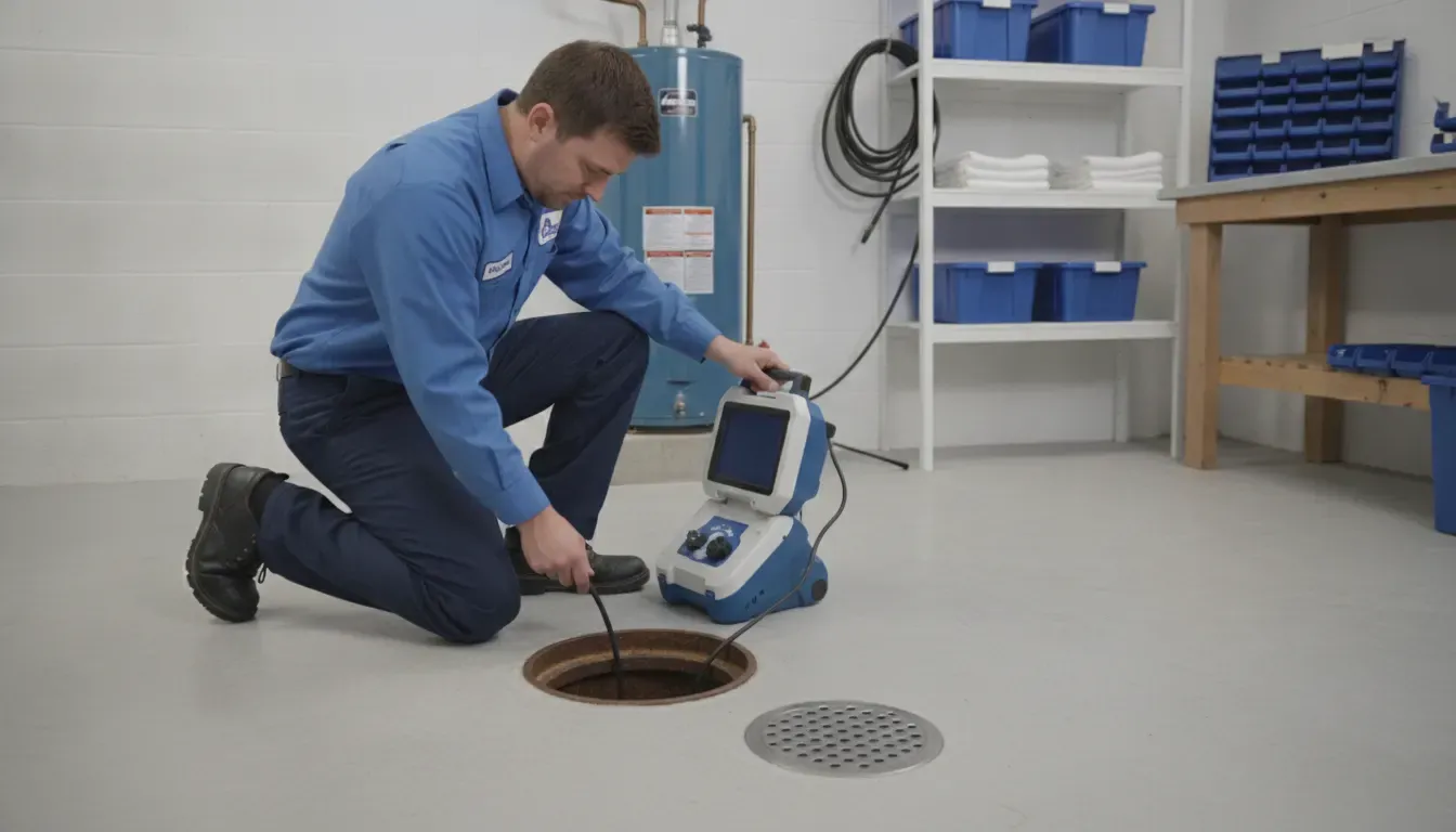 Professional plumber performing a sewer camera inspection in a clean Warren Michigan basement