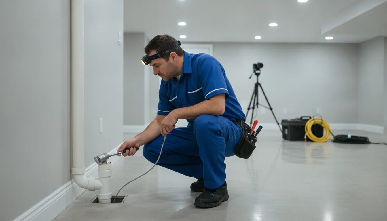 Professional plumber inspecting a residential drain line in West Bloomfield