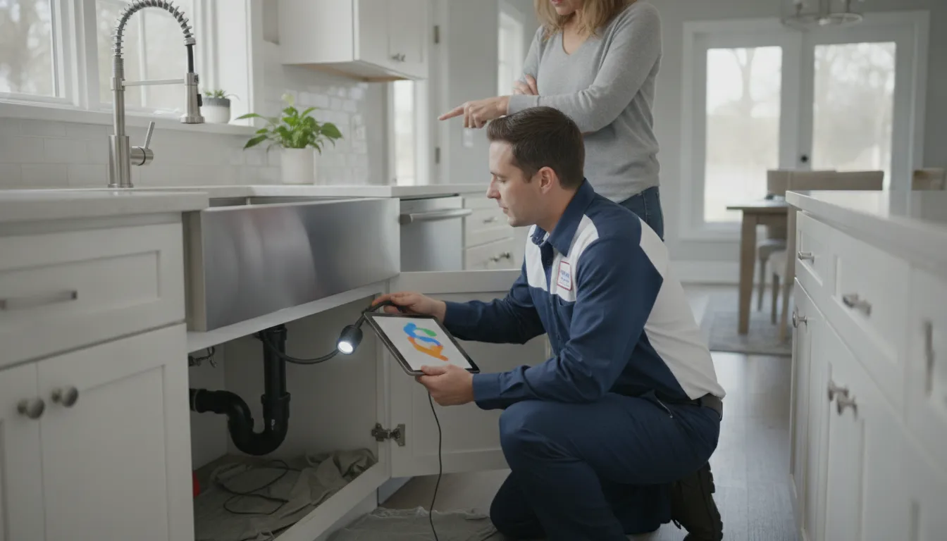 Plumber inspecting an under-sink drain in a Rochester Hills home