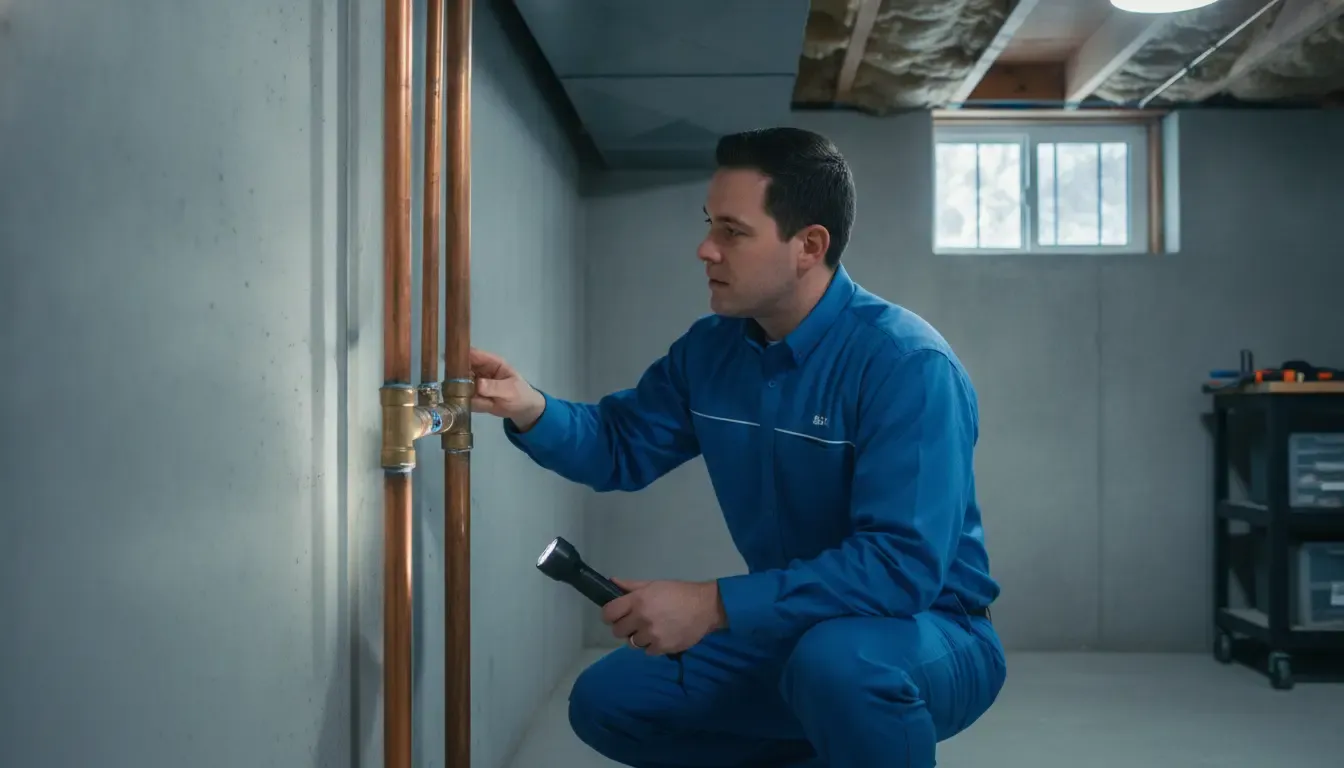 Mr. Pipey plumber inspecting water supply pipes in an Allen Park basement