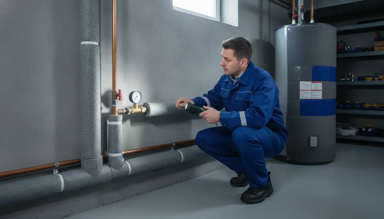 Professional plumber inspecting insulated water pipes in a Birmingham Michigan basement