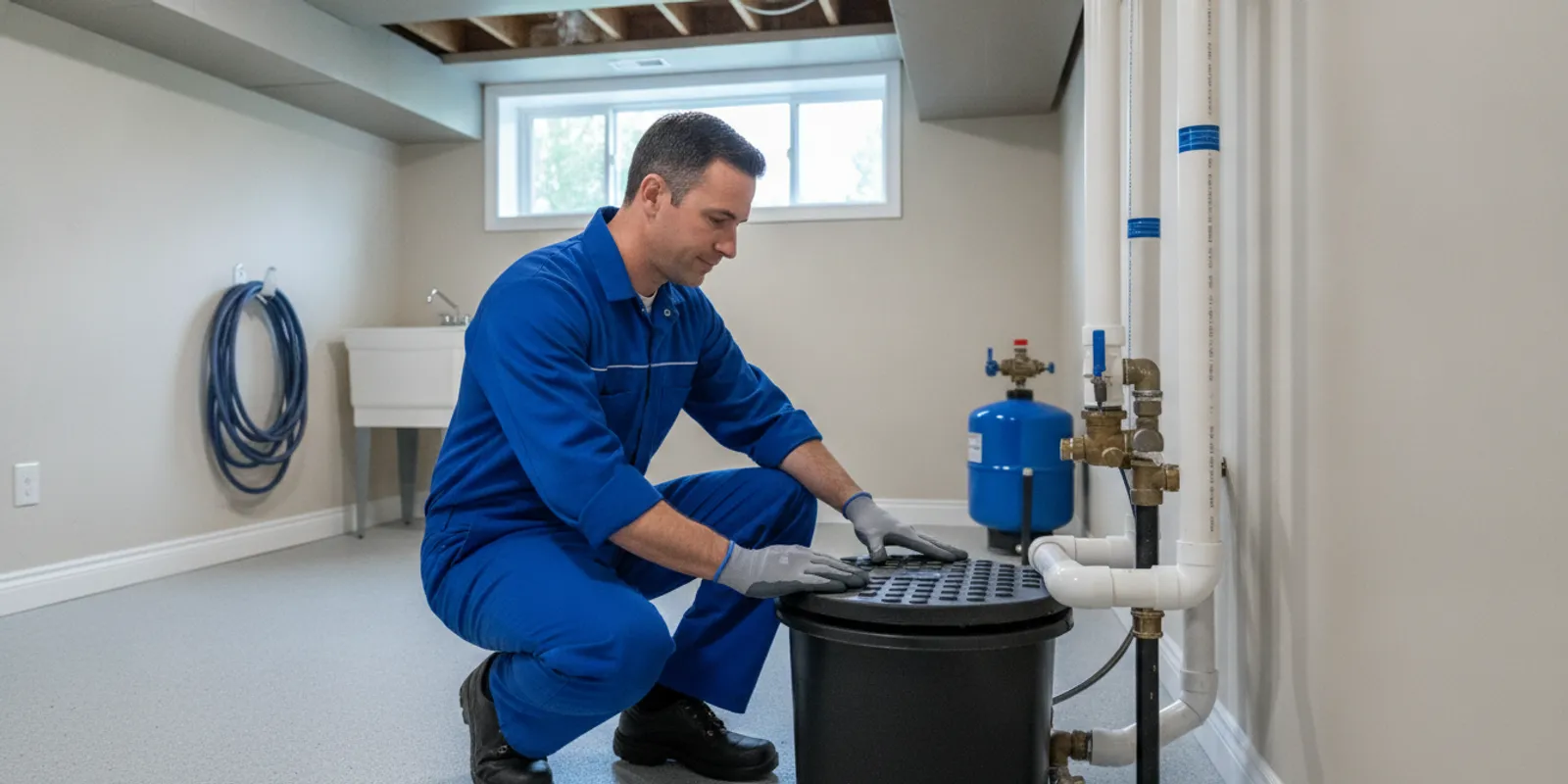 A licensed plumber inspecting a sump pump in a clean Troy, Michigan basement