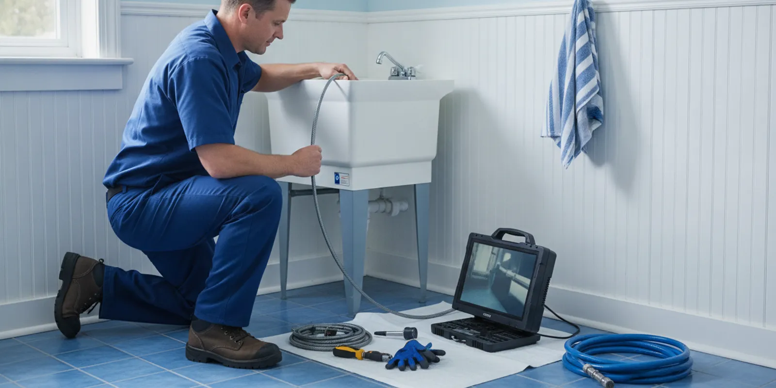 Uniformed plumber inspecting a residential drain line in an Allen Park home