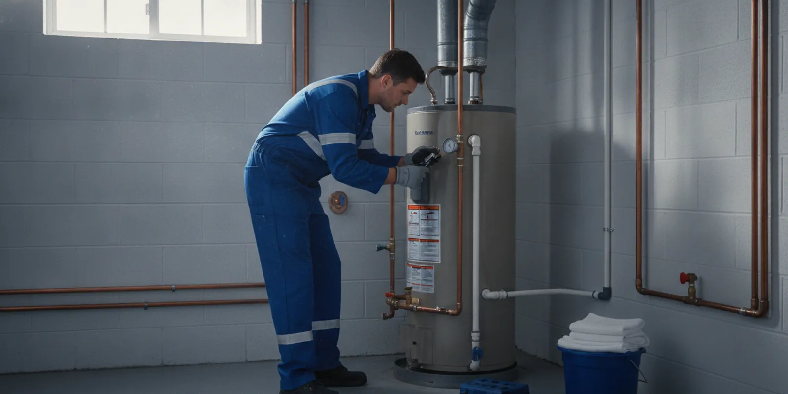 Licensed plumber assessing a residential water heater in a clean Birmingham, Michigan utility room.