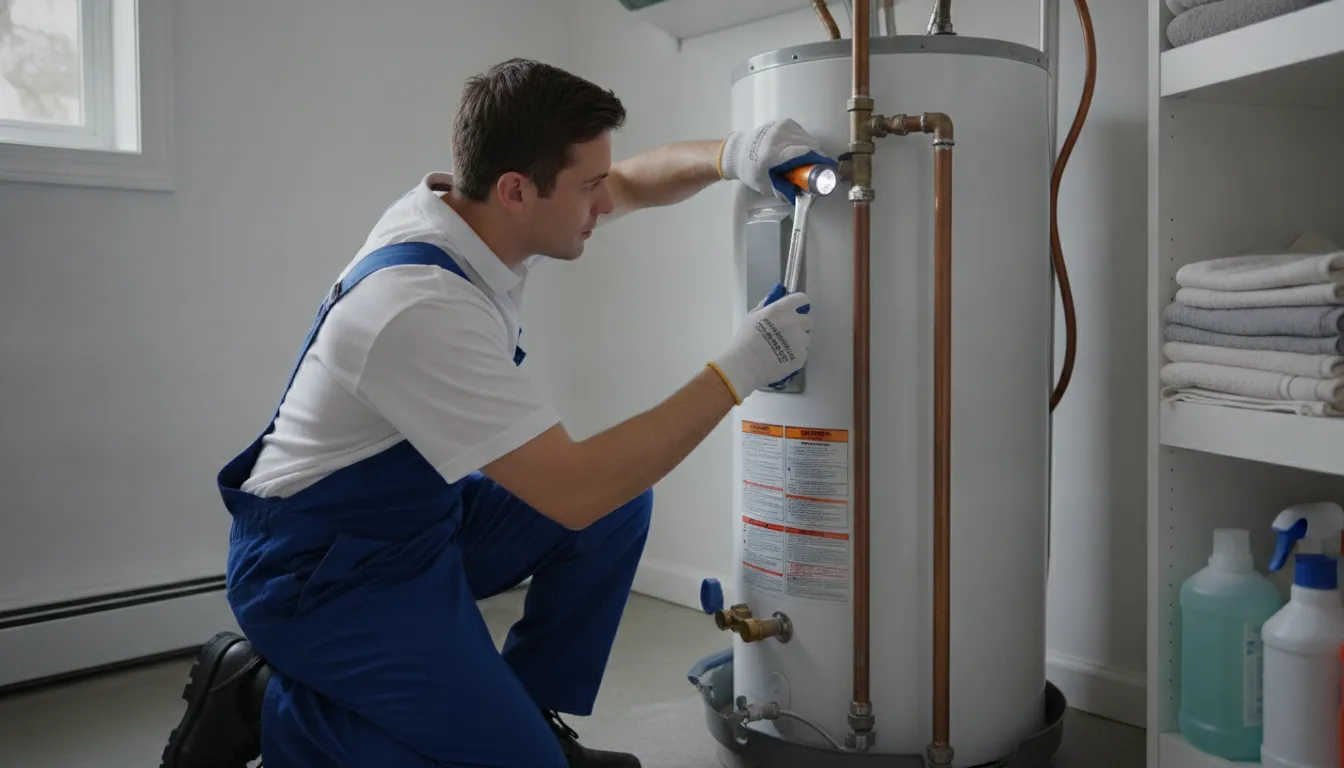 Uniformed plumber inspecting a residential water heater in a Royal Oak utility room