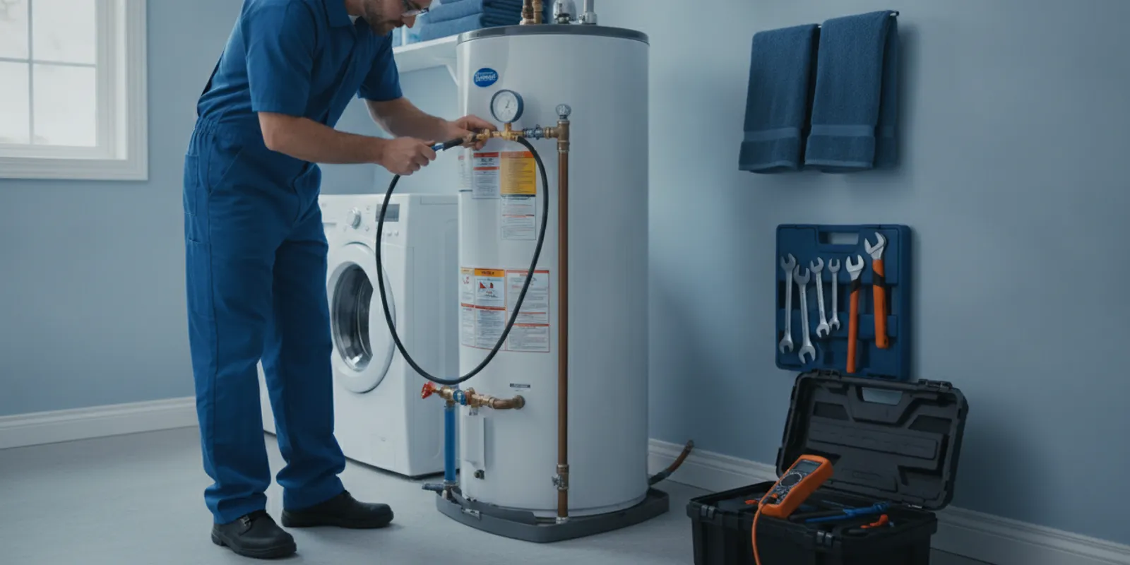 Licensed plumber assessing a residential water heater during a maintenance visit in Southfield