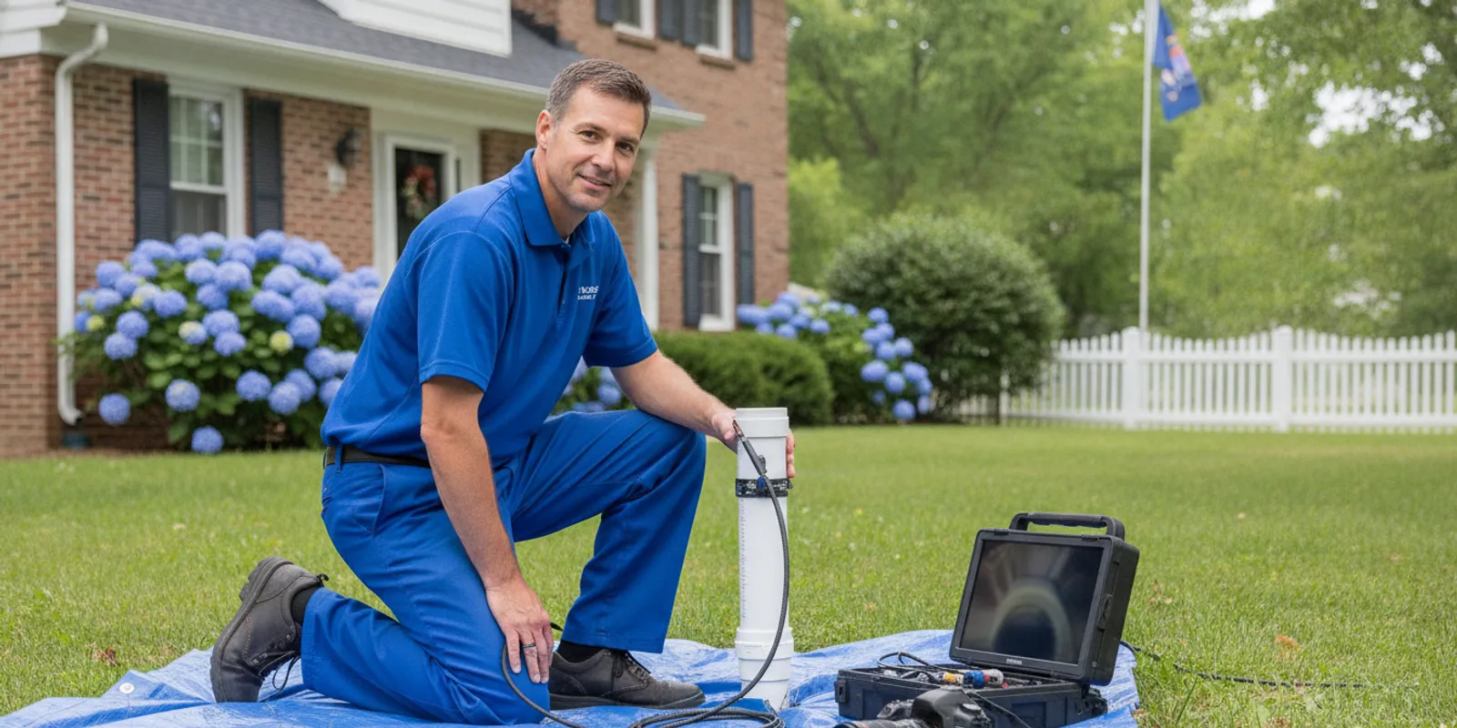 Plumbing technician inspecting a residential sewer line with a camera in an Allen Park home