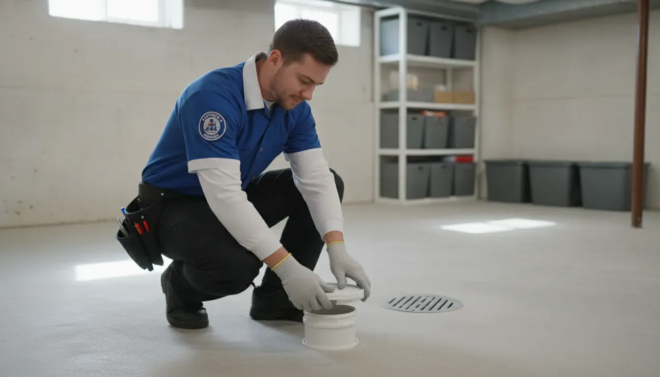 Plumber inspecting a sewer cleanout in a Livonia home
