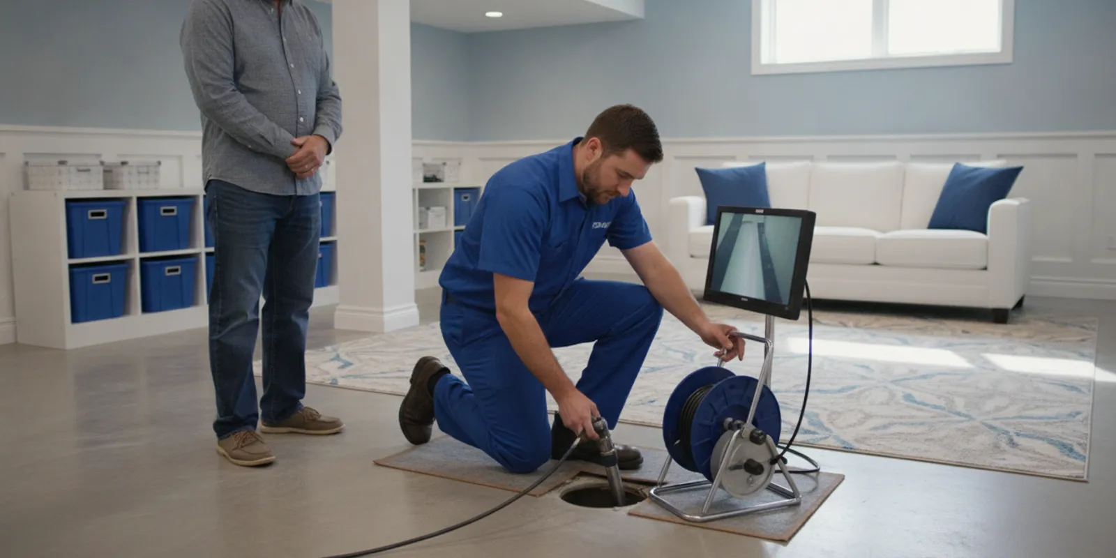 Plumber inspecting a residential sewer line in a Southfield home