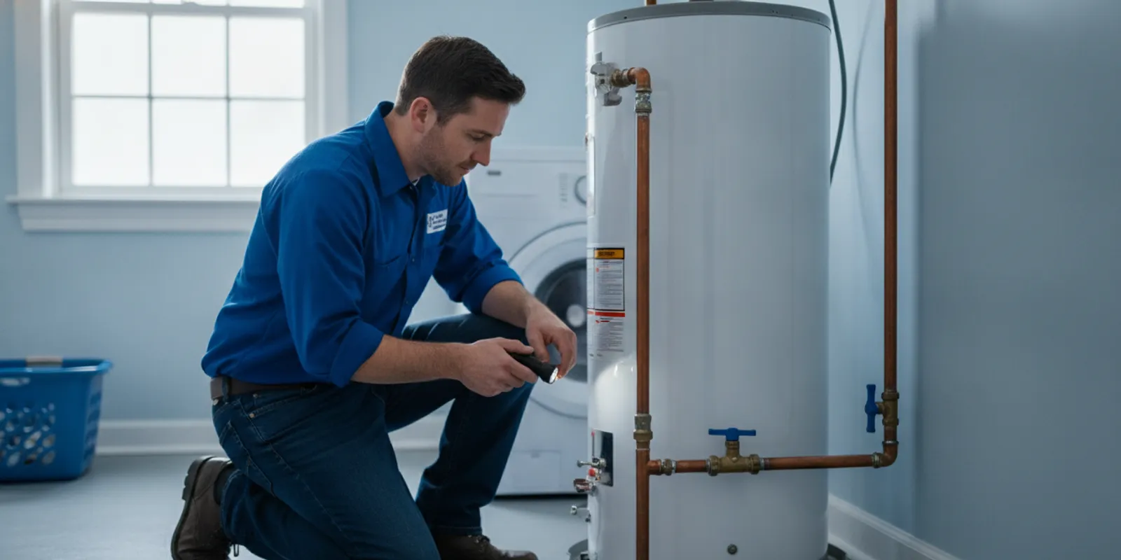 Licensed plumber inspecting a residential water heater in a clean utility room