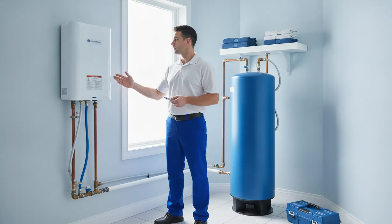 Tankless and traditional water heaters with an Ann Arbor plumbing technician