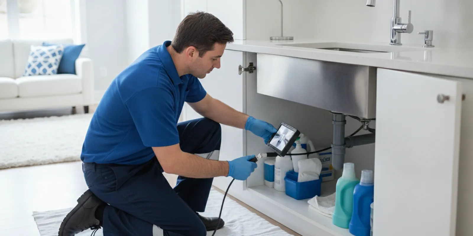 A uniformed plumber inspecting a residential drain line in a clean Allen Park home