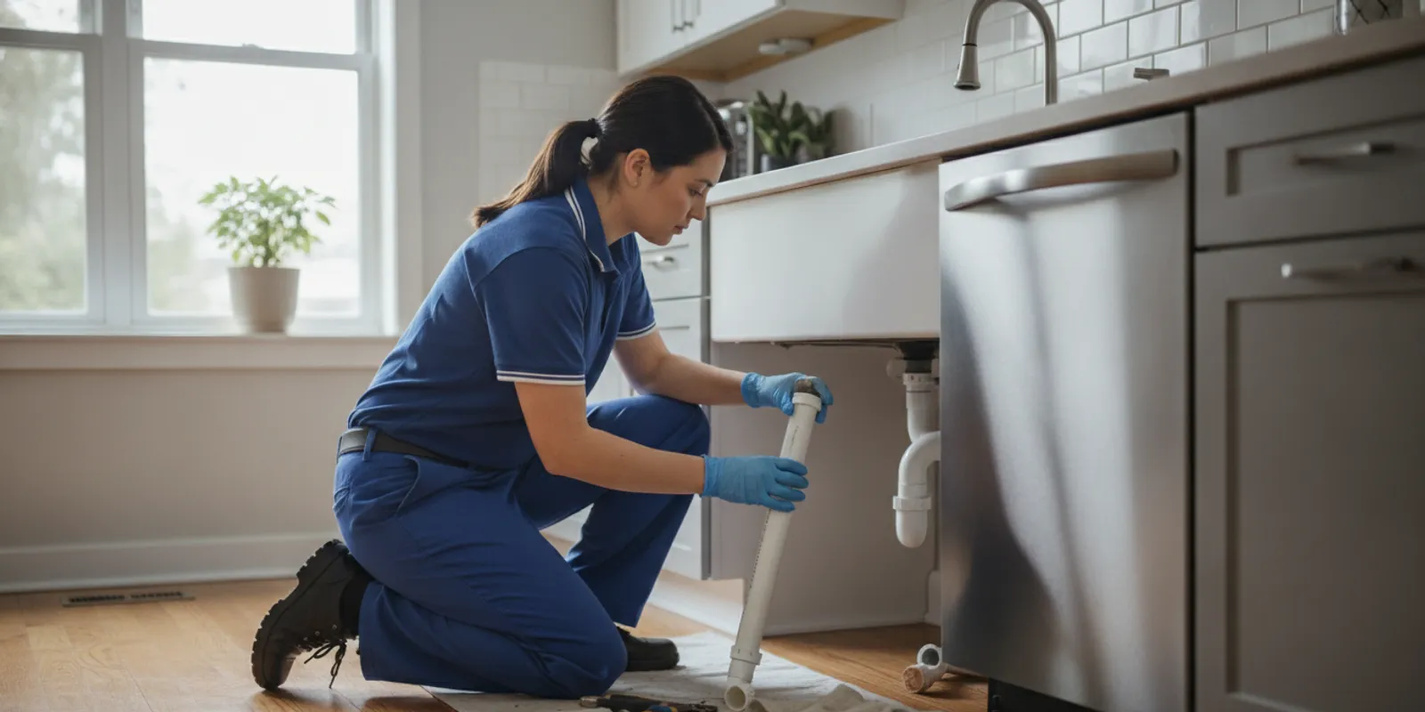 Uniformed plumber assessing a residential drain beneath a sink in a clean Sterling Heights home