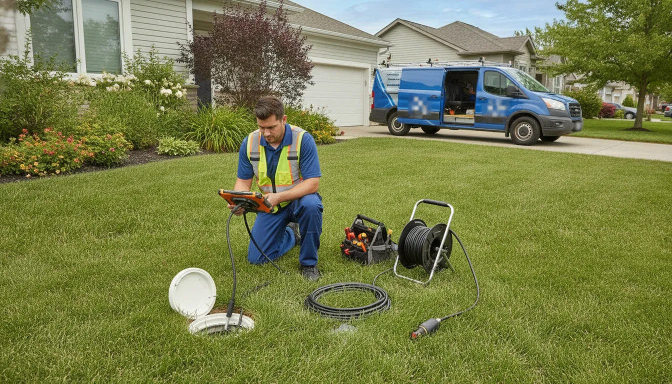 Plumber conducting a sewer camera inspection beside an Allen Park home