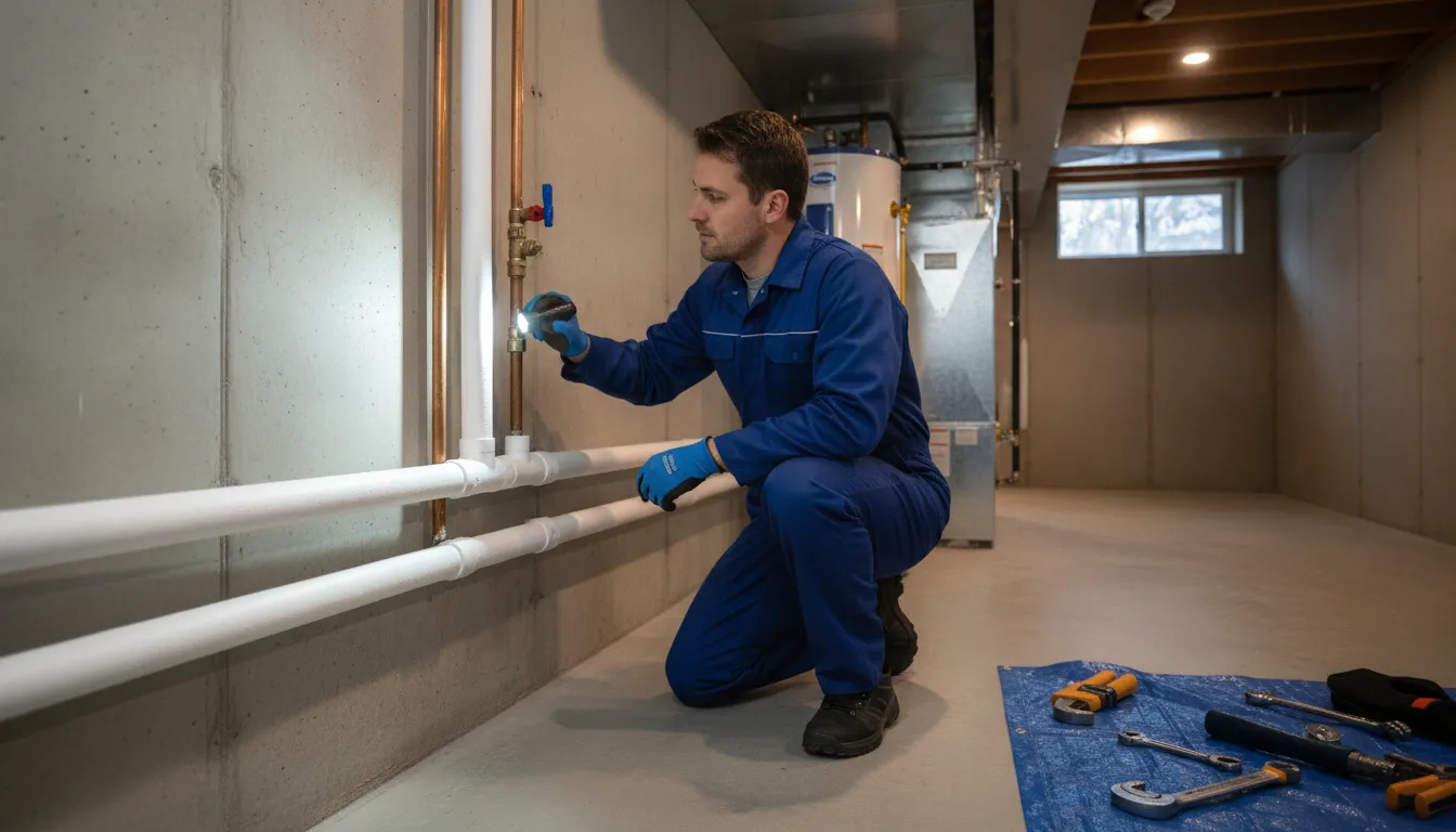 Plumber inspecting insulated water pipes in an Ann Arbor home