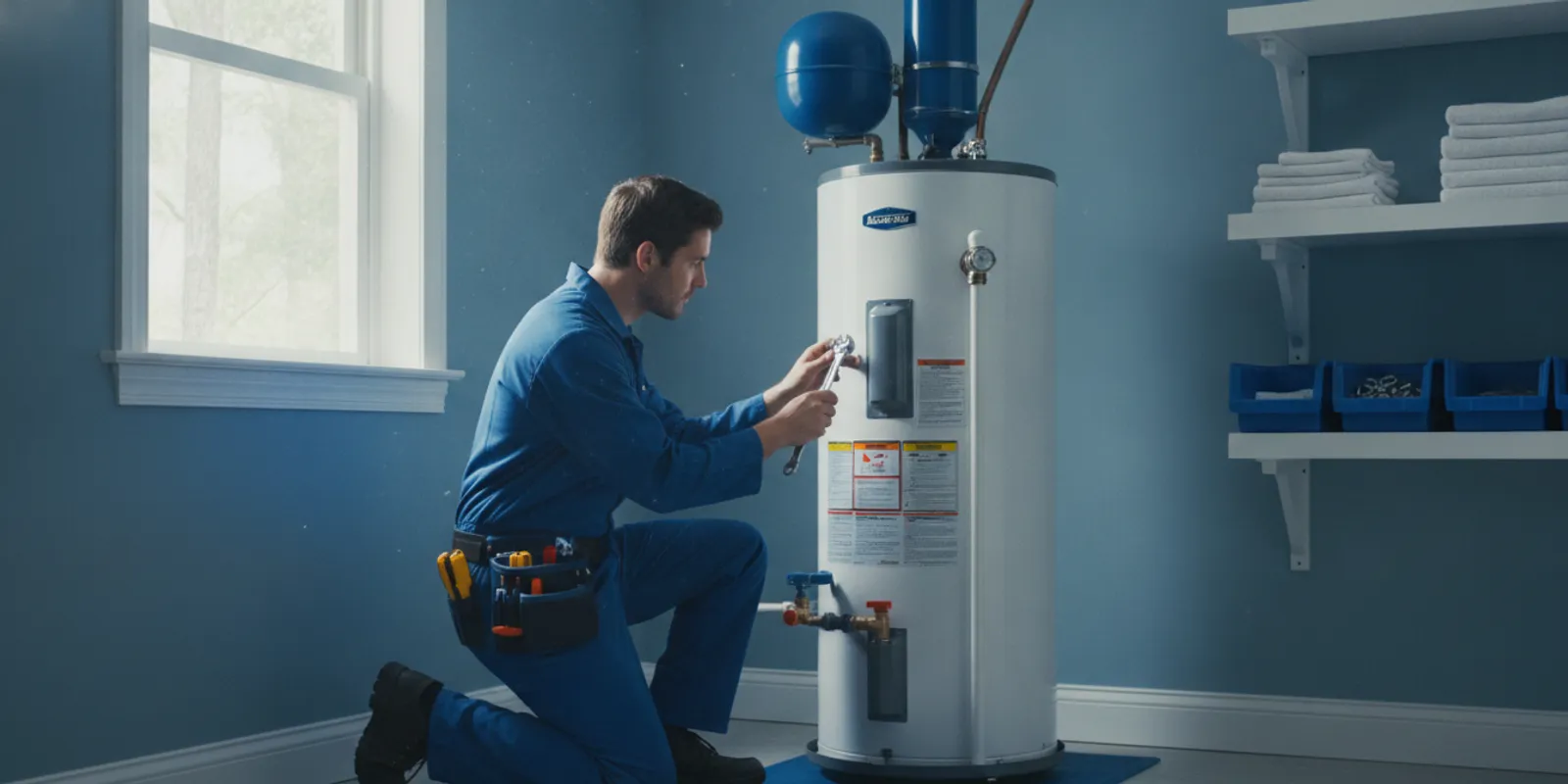 Licensed plumber assessing a residential water heater in a clean Novi utility room
