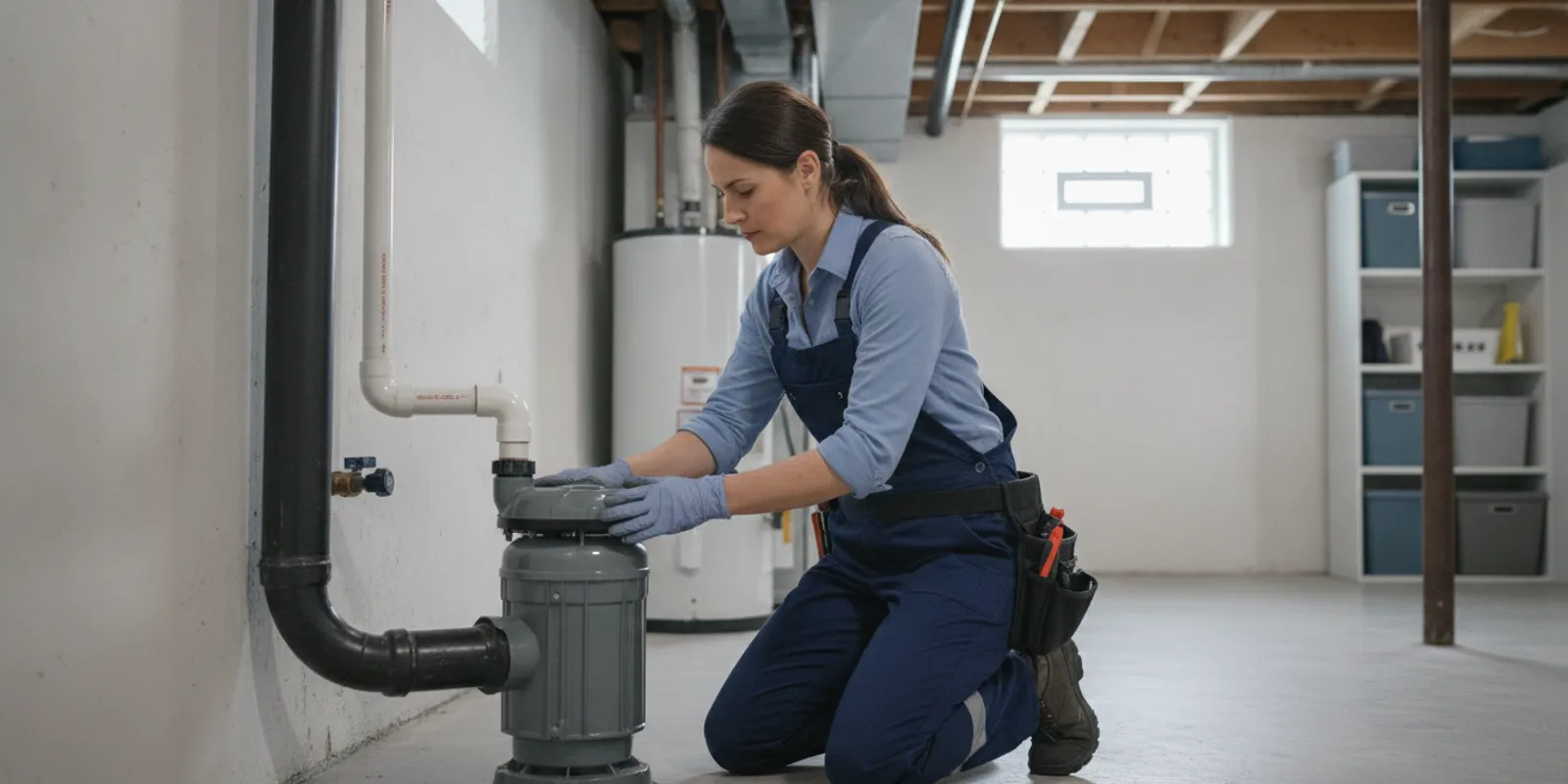 Plumbing professional examining a sump pump in a clean Rochester Hills basement